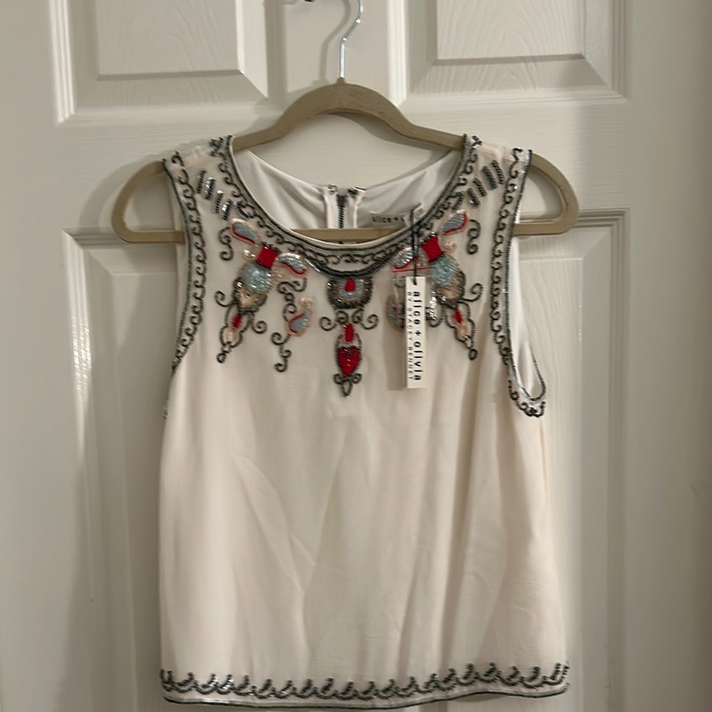 Alice and Olive beige Embroidered Women's Top